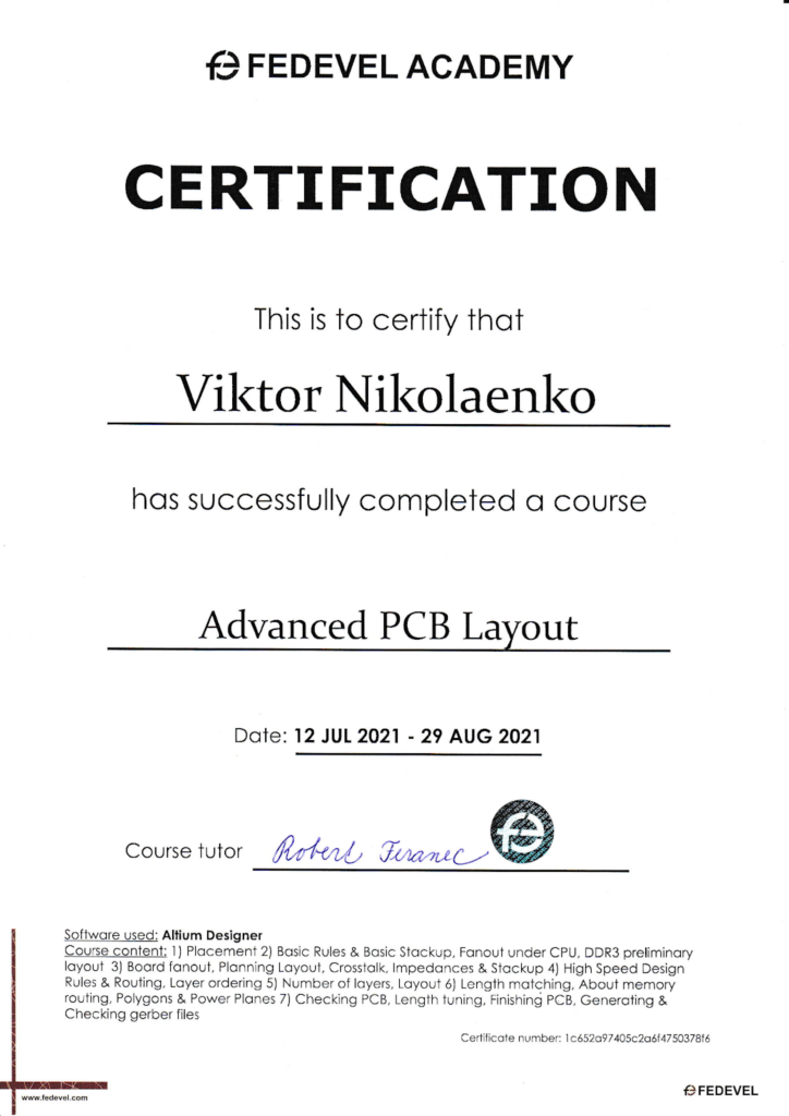 FEDEVAL Academy has awarded an Integra Sources PCB designer a certificate of advanced PCB layout course completion.