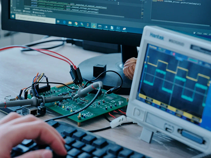 The engineer is typing text on the keyboard. A printed circuit board and an oscilloscope are on the table nearby. A computer monitor is visible in the background.